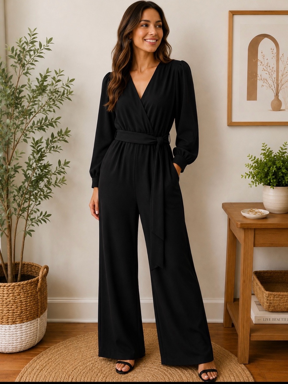 GAP Black v neck Long-Sleeve Jumpsuit with Self-Tie Waist size 8 P